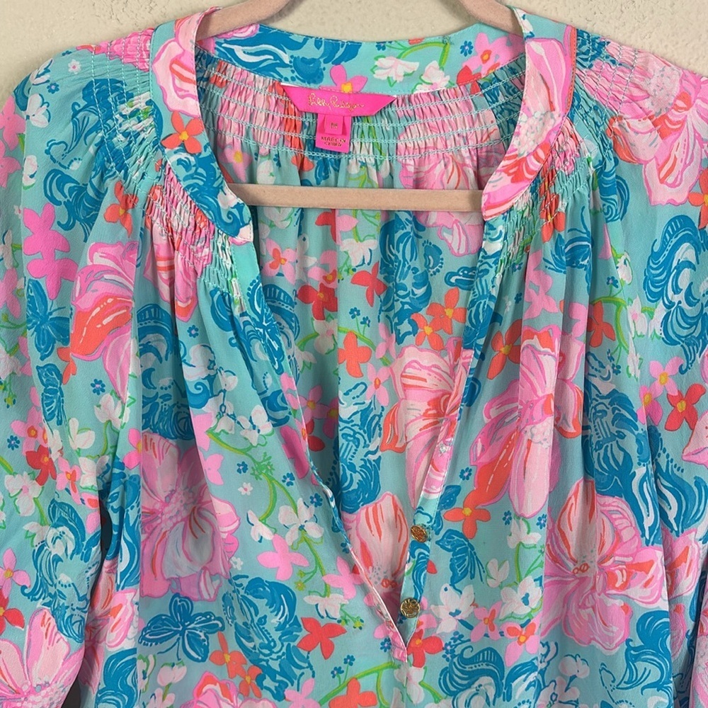 Lilly Pulitzer Elsa 100% Silk Top Blouse in Luscious Lions Surf Blue sz M - Picture 6 of 15